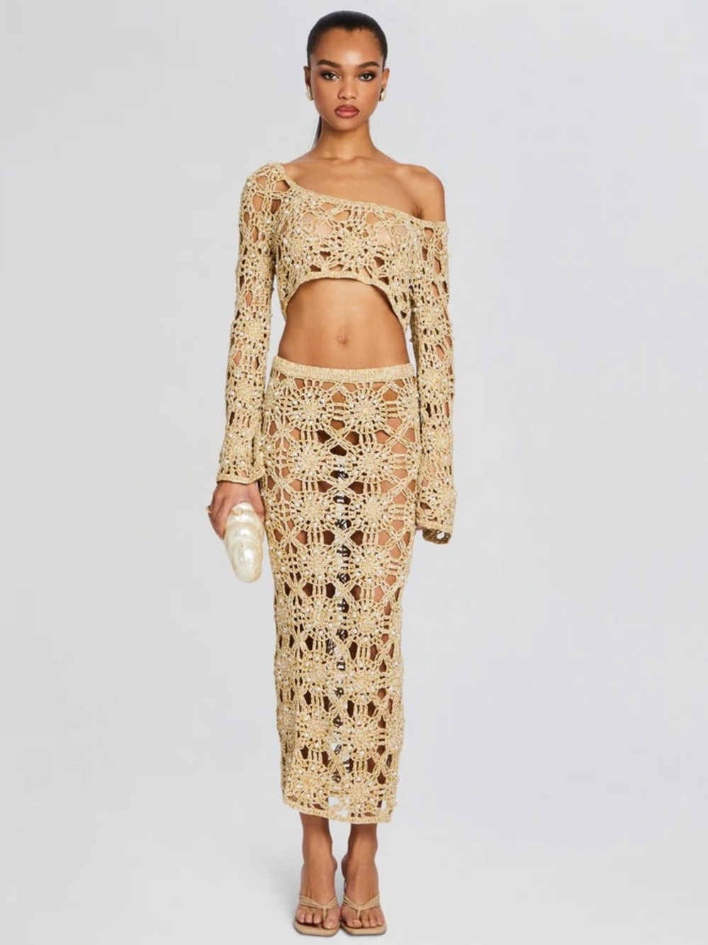 Retrofete Crochet Knit & Pearl Metallic Set (Sadie Top & Sofie Skirt) M/L